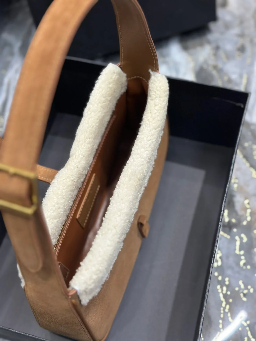 YSL Le5_7 Hobo Shearling Suede Shoulder Bag 25x14x6cm
