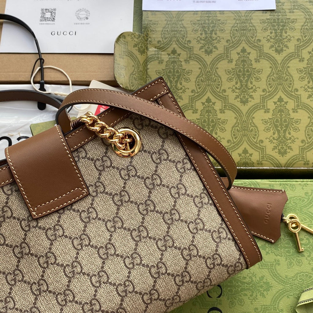 GG PADLOCK MEDIUM 26 SHOULDER BAG BEIGE CANVAS AND BROWN CALFSKIN