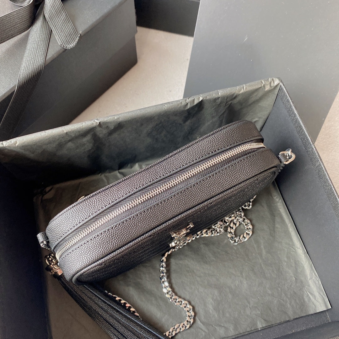 LOU MINI CAMERA BAG 19 IN BLACK CAVIAR PATTERN CALFSKIN SILVER HARDWARE