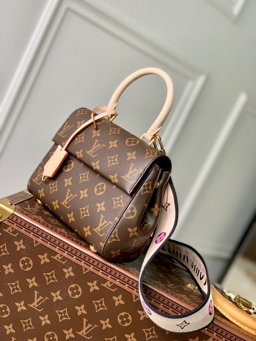 CLUNY BB MINI HANDBAG 20 IN BROWN MONOGRAM CALFSKIN BEIGE BLACK EMBROIDERED LOGO CANVAS