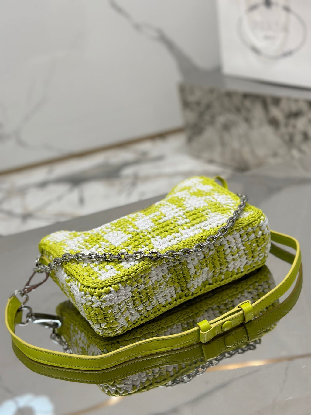CROCHET HOBO BAG 22 IN VOLT GREEN MIX WHITE RAFFIA SILVER HARDWARE