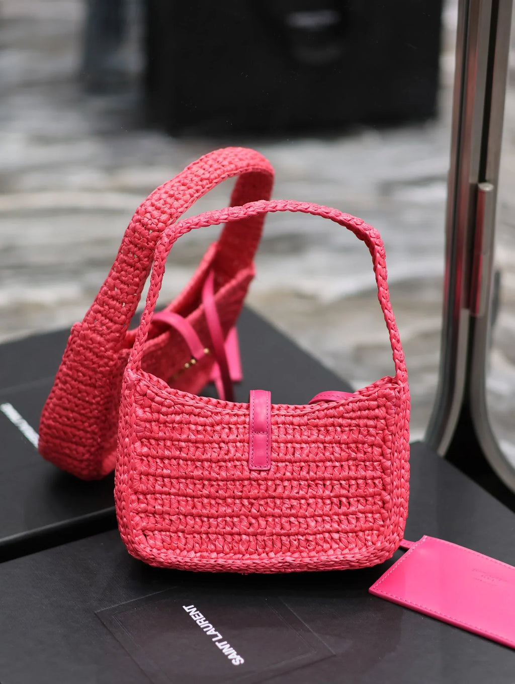 YSL Le 5 _ 7 Mini In Raffia Pink - 19 X 11.5 X 4.5 CM