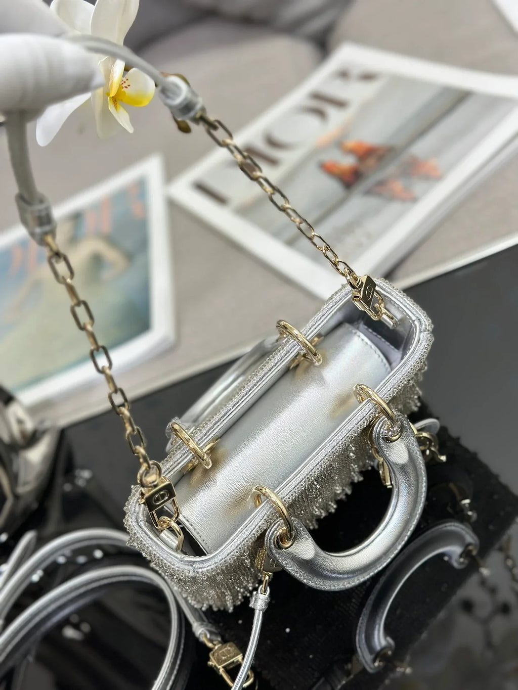 Dior LAdy D-Joy Silver-Tone Satin with Gradient Bead Embroidery - 16 x 9 x 5 cm