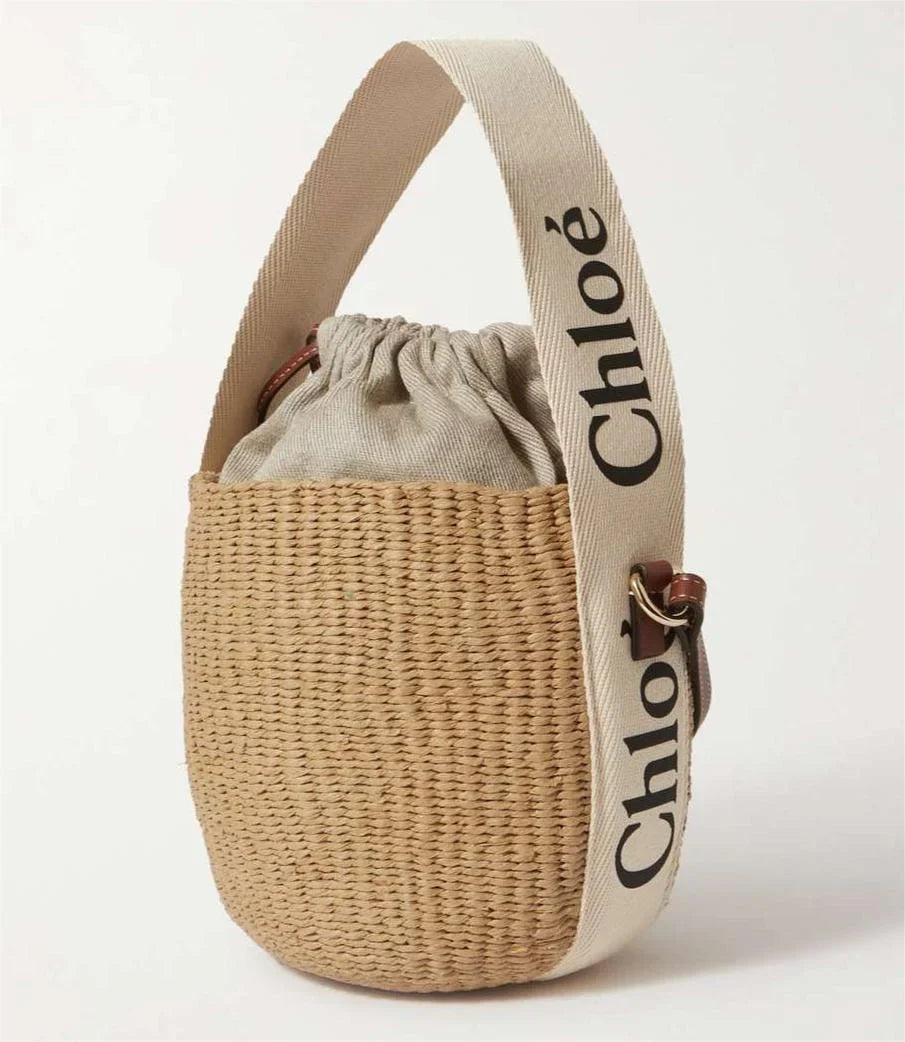 CHLO_ Woody small leather-trimmed raffia basket bag