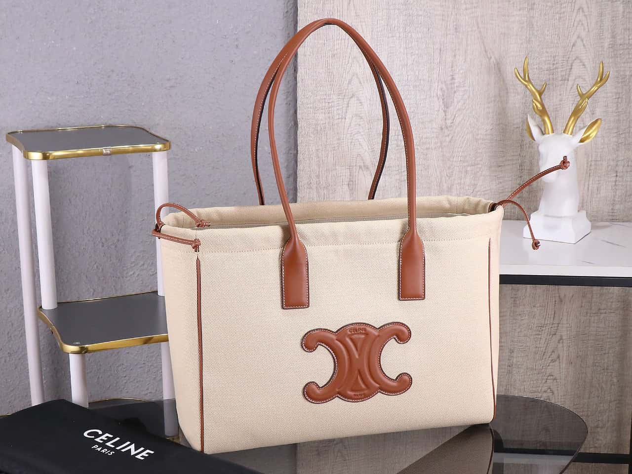 Celine Cabas Drawstring Cuir Triomphe In Textile And Calfskin Natural handbag