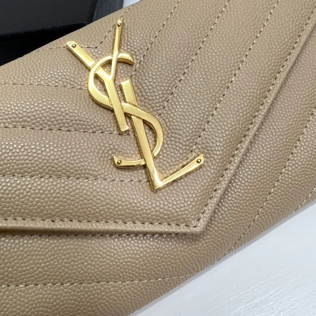 YSL Long Wallet Beige Leather Gold Tone 10772  19cm