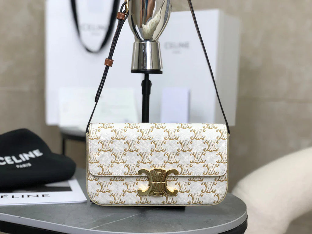 CELINE Triomphe Shoulder Bag In Triomphe Canvas And Calfskin White 20 x 10 x 4 cm
