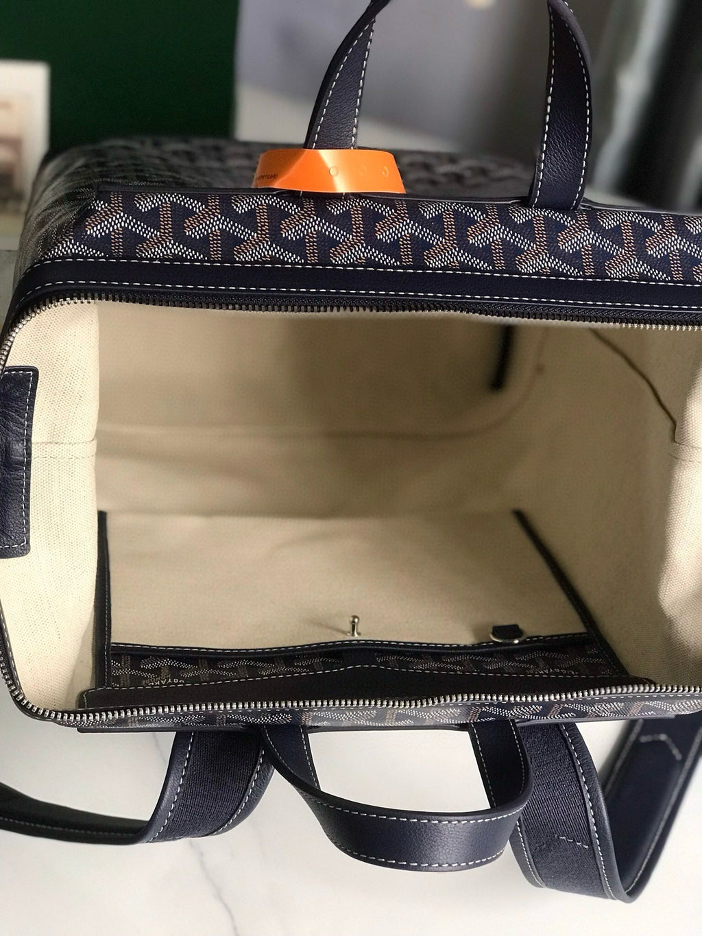 CISALPIN BACKPACK 43 IN NAVY BLUE GOYARDINE CANVAS AND CALFSKIN