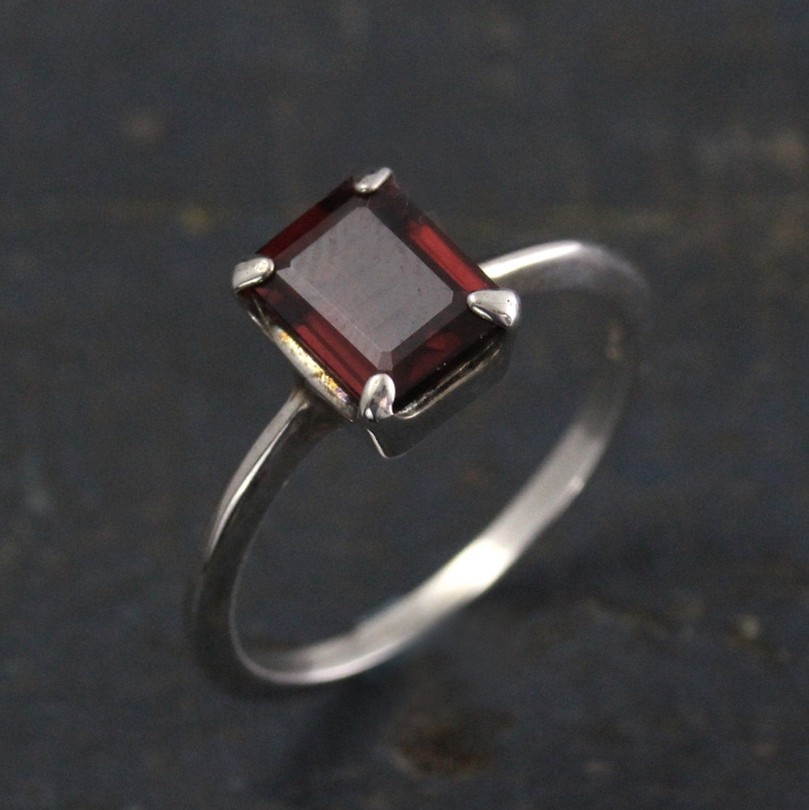 Garnet Ring--Emerald Cut Stone--Red Stone Ring--Blood Moon Ring--Alternative Engagement Ring--Silver Solitaire Ring--Unique Engagement Ring