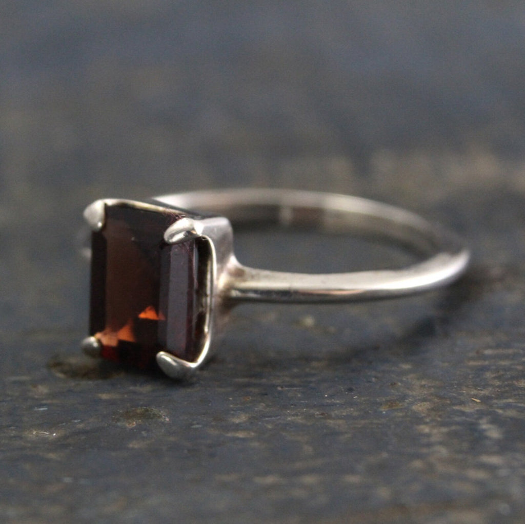 Garnet Ring--Emerald Cut Stone--Red Stone Ring--Blood Moon Ring--Alternative Engagement Ring--Silver Solitaire Ring--Unique Engagement Ring