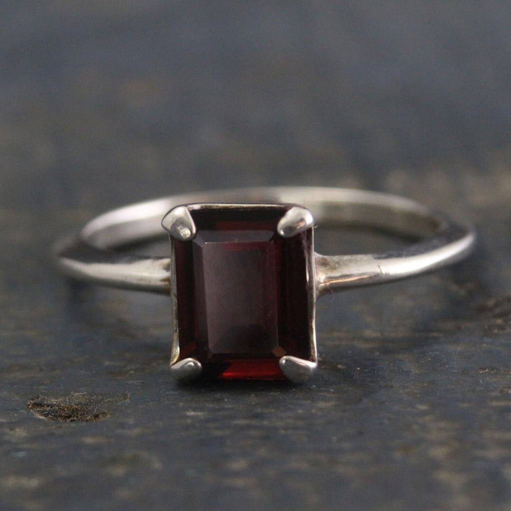 Garnet Ring--Emerald Cut Stone--Red Stone Ring--Blood Moon Ring--Alternative Engagement Ring--Silver Solitaire Ring--Unique Engagement Ring