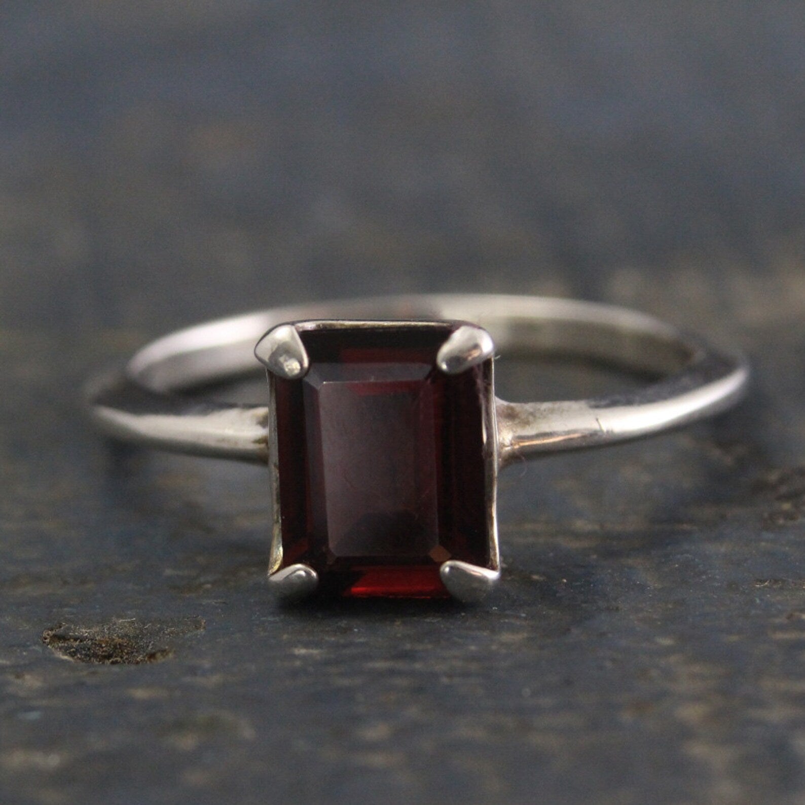 Garnet Ring--Emerald Cut Stone--Red Stone Ring--Blood Moon Ring--Alternative Engagement Ring--Silver Solitaire Ring--Unique Engagement Ring