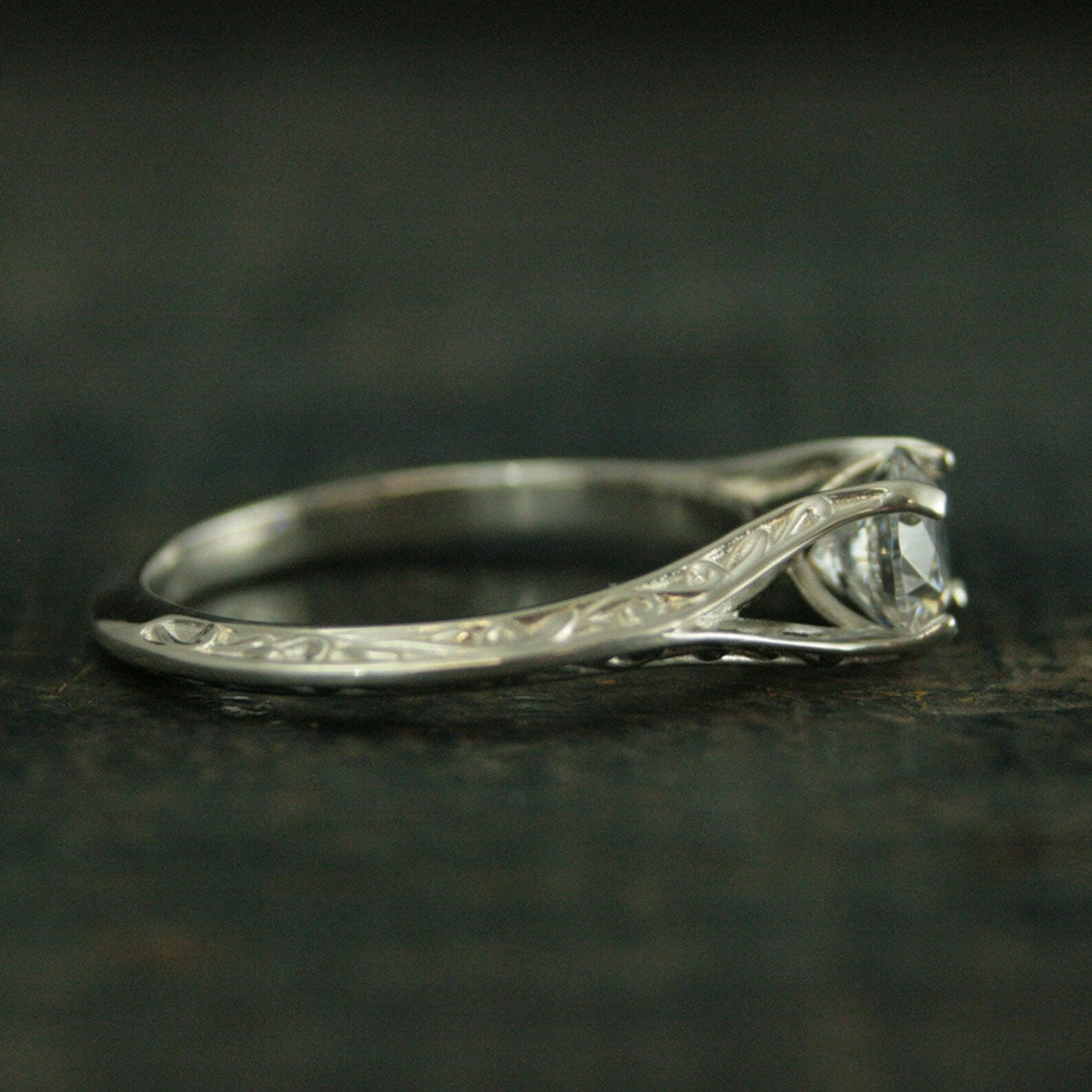 SALE Sterling Silver Engagement Ring Rapunzel Unique Engagement Ring Cathedral Setting Vine Embossed Ring White Topaz Ring CZ Promise Ring