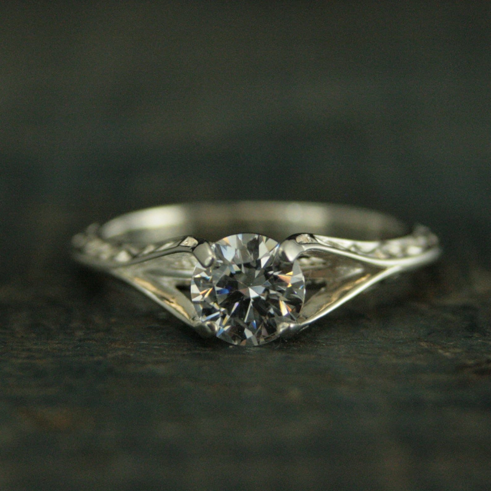 Sterling Silver Engagement Ring Rapunzel Unique Engagement Ring Cathedral Setting Vine Embossed Ring Moissanite Ring CZ Ring Promise Ring