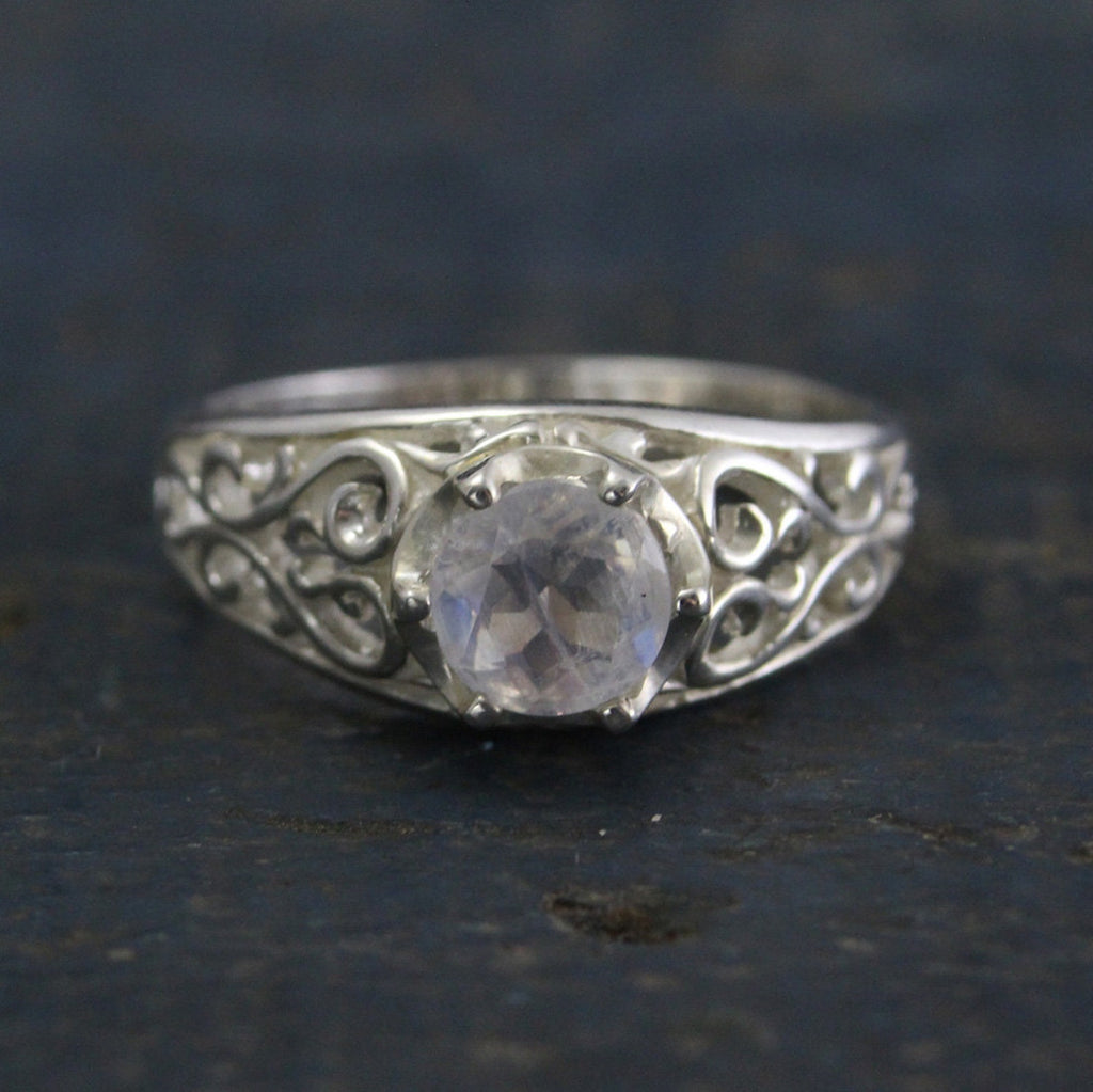 Sleeping Beauty~Rainbow Moonstone Ring~Filigree Ring~Vintage Style Ring~Antique Style Ring~Faceted Moonstone~Full Cut Moonstone