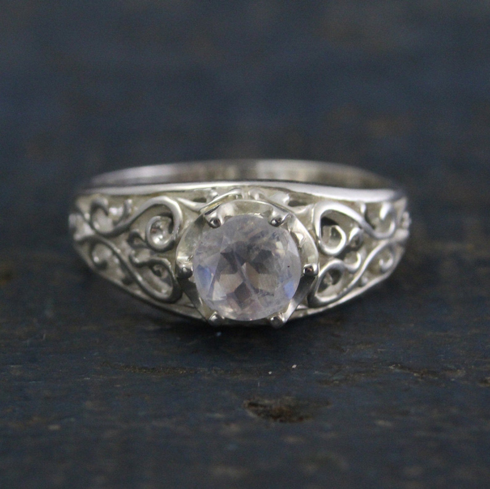 Sleeping Beauty~Rainbow Moonstone Ring~Filigree Ring~Vintage Style Ring~Antique Style Ring~Faceted Moonstone~Full Cut Moonstone