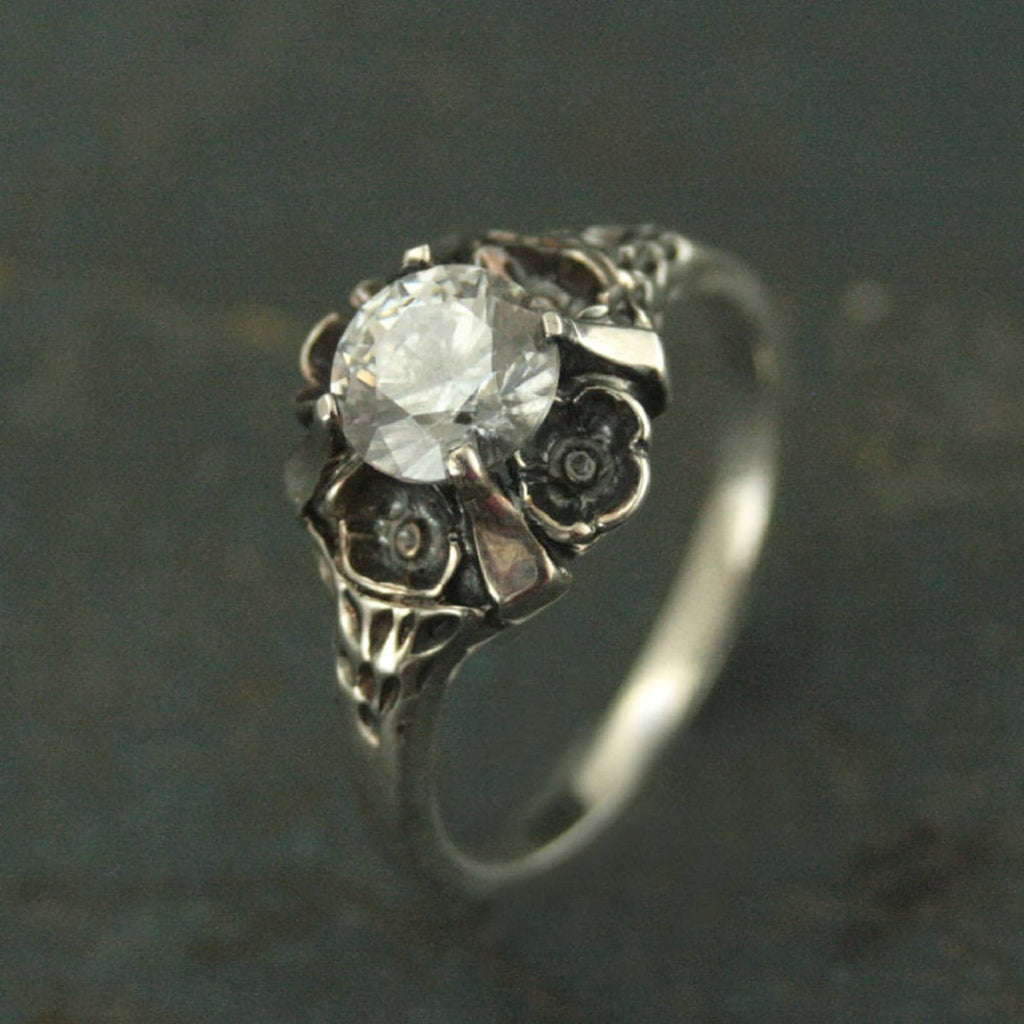 Floral Engagement Ring Antique Style Ring Vintage Style Ring Flower Ring Silver Engagement Ring Promise Ring La France Cubic Zirconia Ring