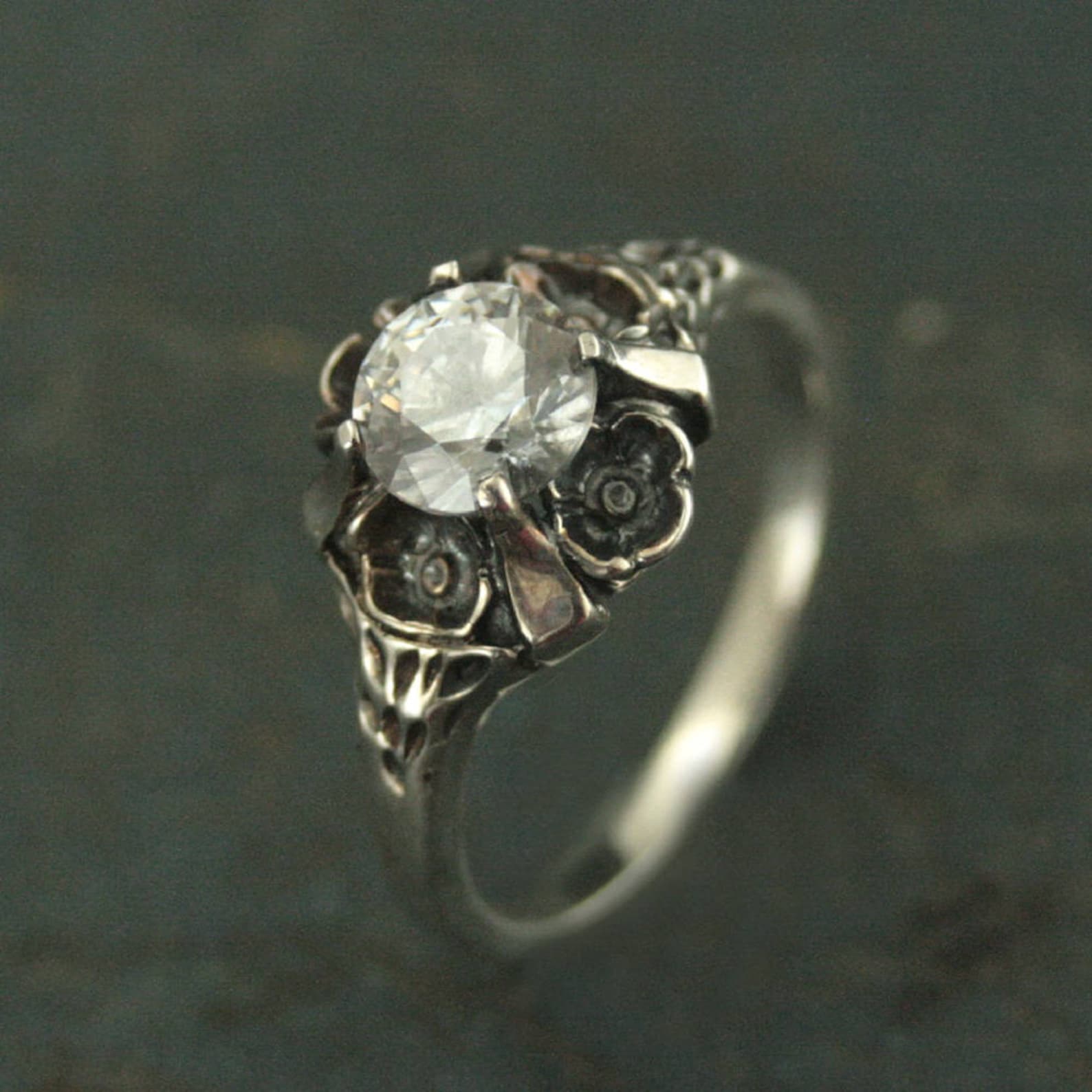 Floral Engagement Ring Antique Style Ring Vintage Style Ring Flower Ring Silver Engagement Ring Promise Ring La France Cubic Zirconia Ring