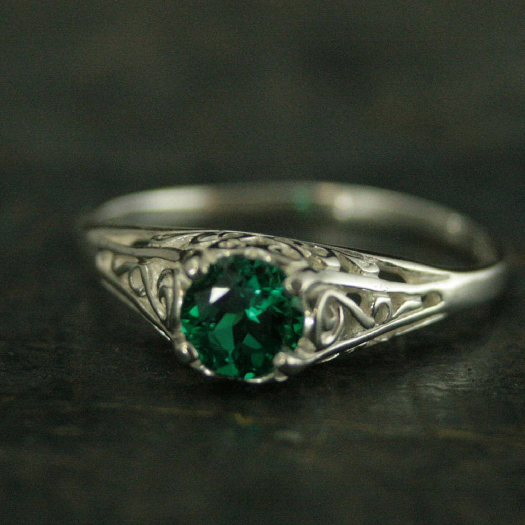 Emerald Ring Cinderella Lab Grown Emerald May Birthstone Ring Silver Engagement Ring Promise Ring Filigree Emerald Ring Vintage Style Ring