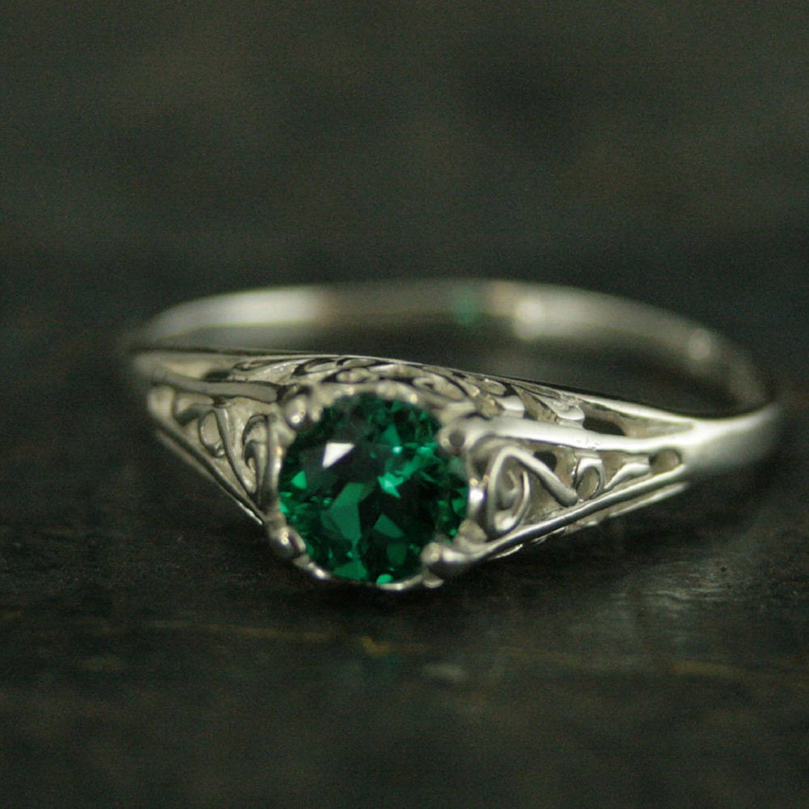 Emerald Ring Cinderella Lab Grown Emerald May Birthstone Ring Silver Engagement Ring Promise Ring Filigree Emerald Ring Vintage Style Ring