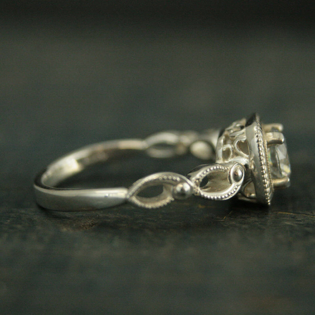 Art Deco Engagement Ring~Tiana~Halo Style Ring~Vintage Style Engagement Ring~Antique Style Engagement Ring~Silver Engagement Ring~Moissanite