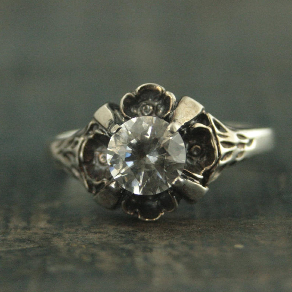 Floral Engagement Ring Antique Style Ring Vintage Style Ring Flower Ring Silver Engagement Ring Promise Ring La France Cubic Zirconia Ring