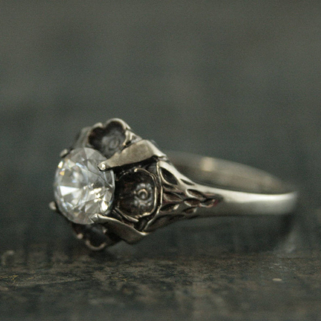Floral Engagement Ring Antique Style Ring Vintage Style Ring Flower Ring Silver Engagement Ring Promise Ring La France Cubic Zirconia Ring