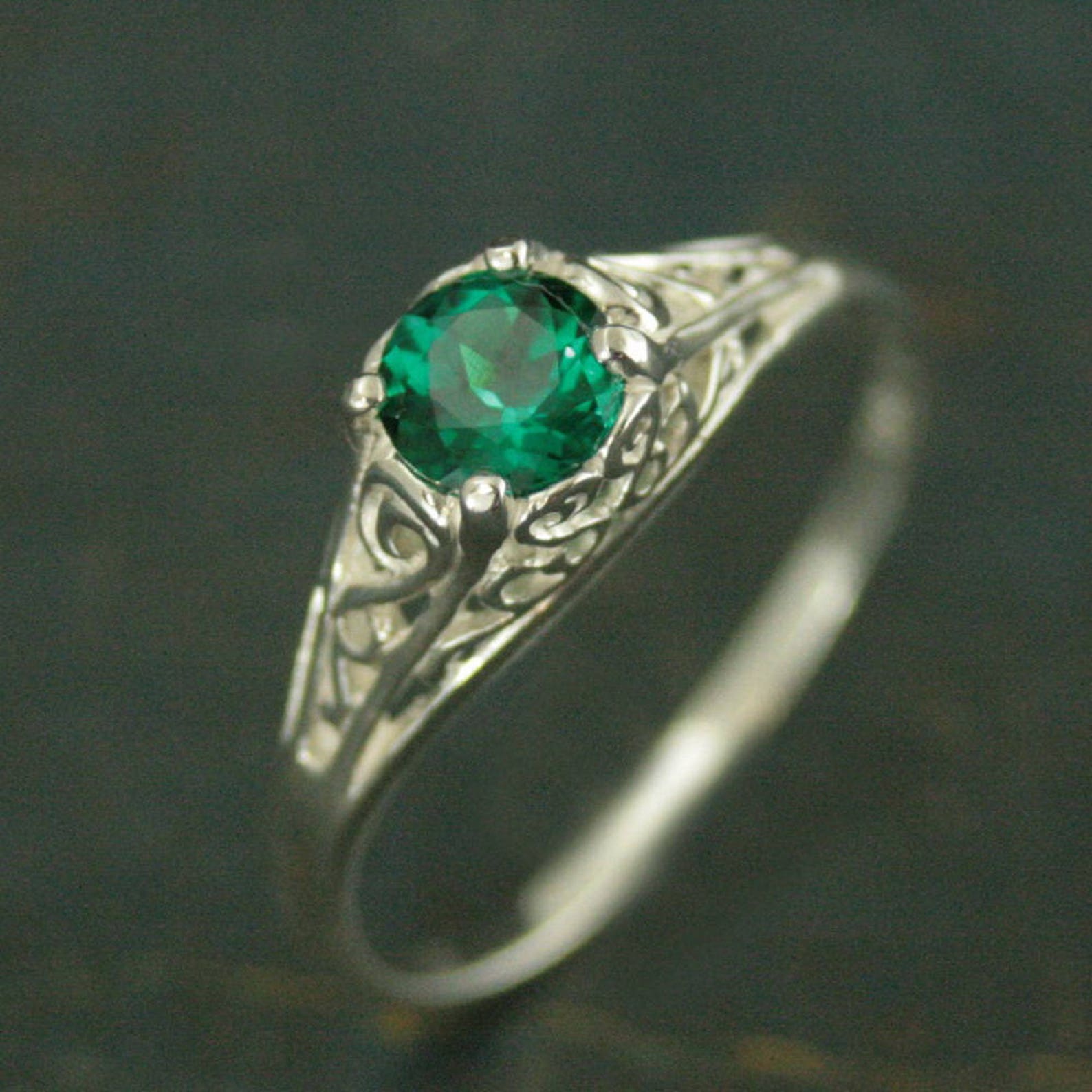 Emerald Ring Cinderella Lab Grown Emerald May Birthstone Ring Silver Engagement Ring Promise Ring Filigree Emerald Ring Vintage Style Ring