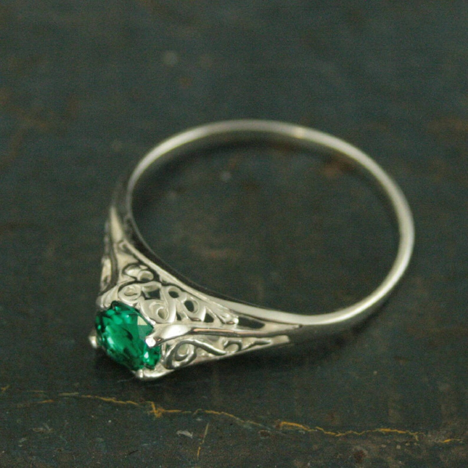 Emerald Ring Cinderella Lab Grown Emerald May Birthstone Ring Silver Engagement Ring Promise Ring Filigree Emerald Ring Vintage Style Ring