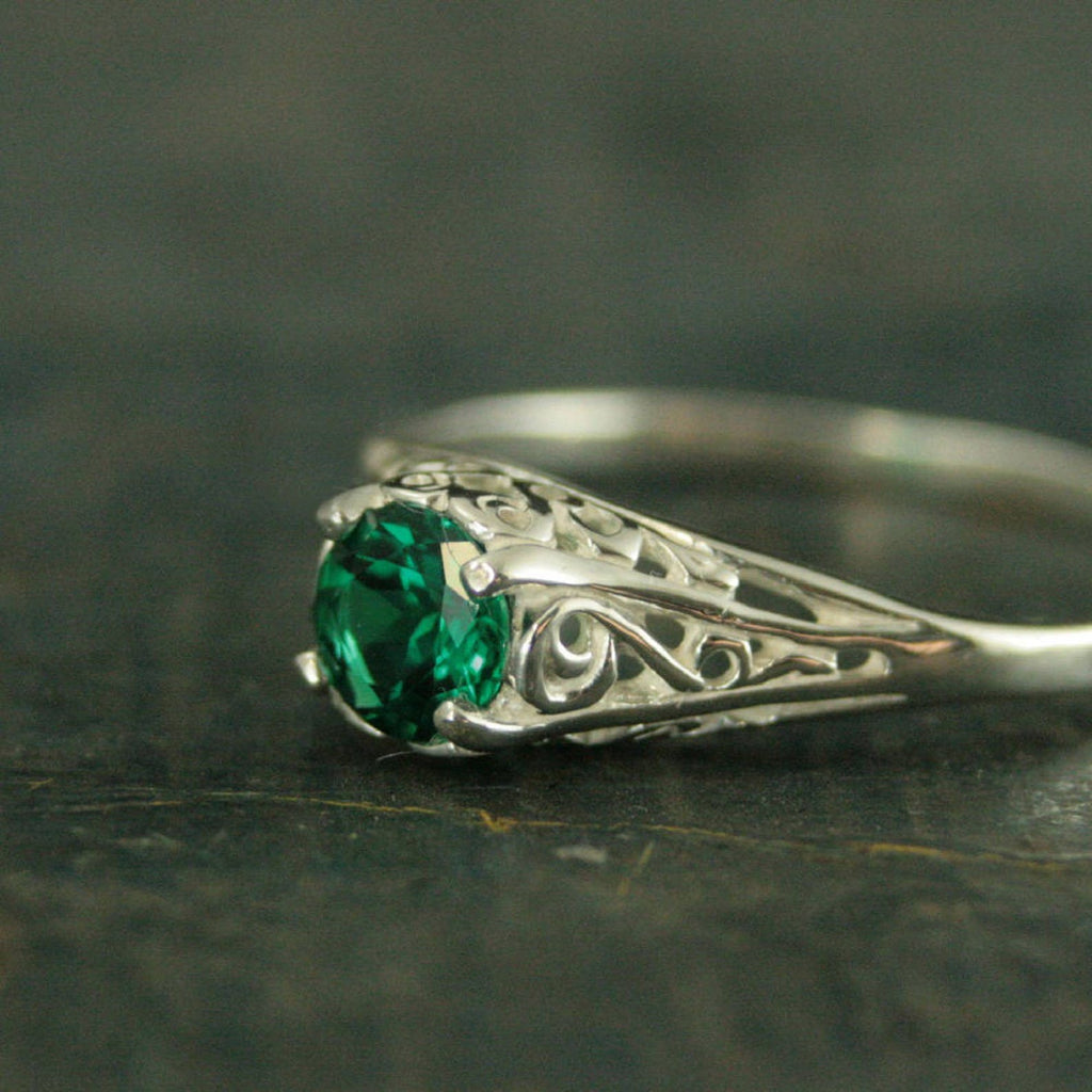 Emerald Ring Cinderella Lab Grown Emerald May Birthstone Ring Silver Engagement Ring Promise Ring Filigree Emerald Ring Vintage Style Ring