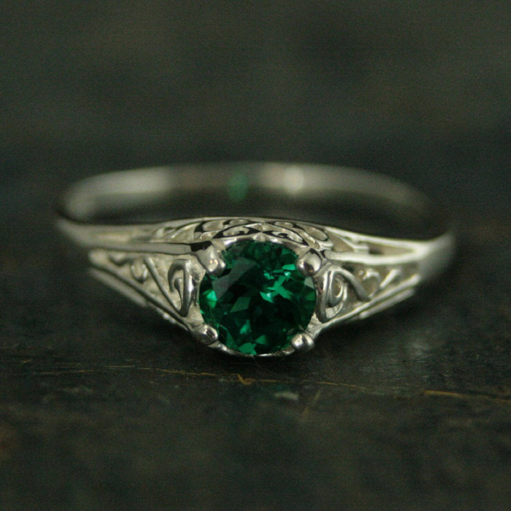 Emerald Ring Cinderella Lab Grown Emerald May Birthstone Ring Silver Engagement Ring Promise Ring Filigree Emerald Ring Vintage Style Ring