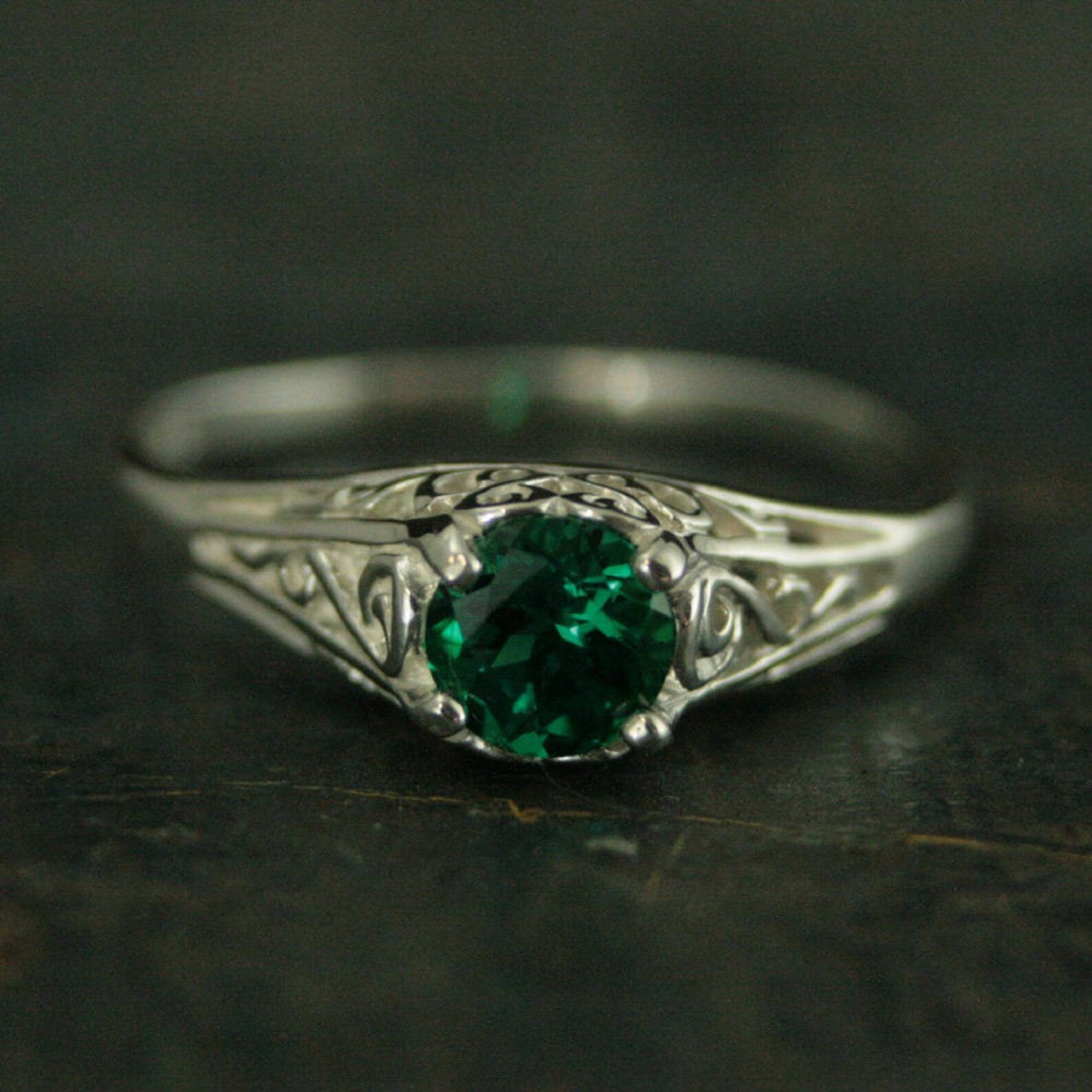 Emerald Ring Cinderella Lab Grown Emerald May Birthstone Ring Silver Engagement Ring Promise Ring Filigree Emerald Ring Vintage Style Ring