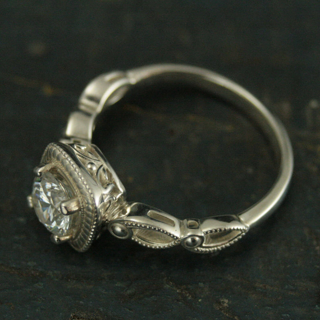 Art Deco Engagement Ring~Tiana~Halo Style Ring~Vintage Style Engagement Ring~Antique Style Engagement Ring~Silver Engagement Ring~Moissanite