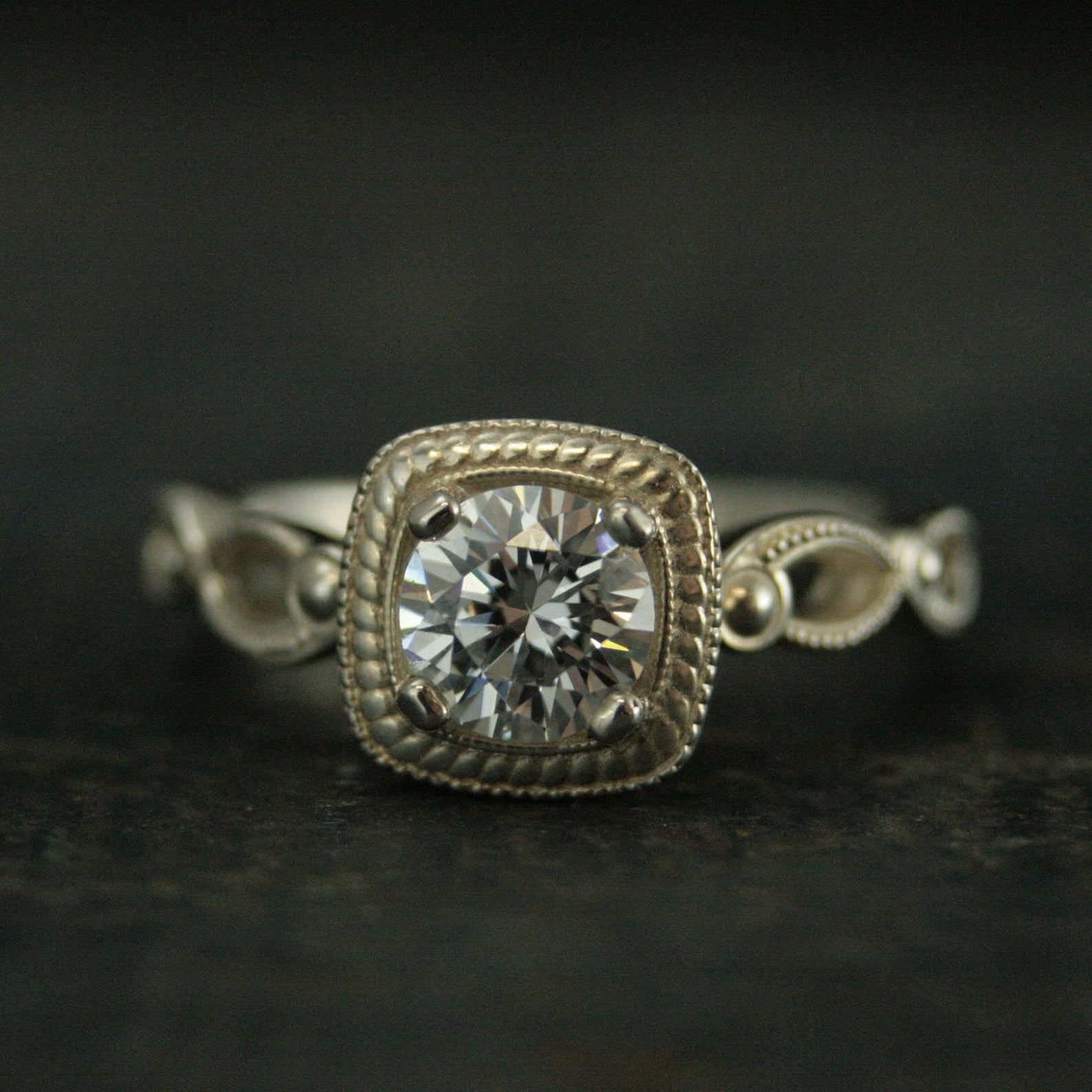 Art Deco Engagement Ring~Tiana~Halo Style Ring~Vintage Style Engagement Ring~Antique Style Engagement Ring~Silver Engagement Ring~Moissanite