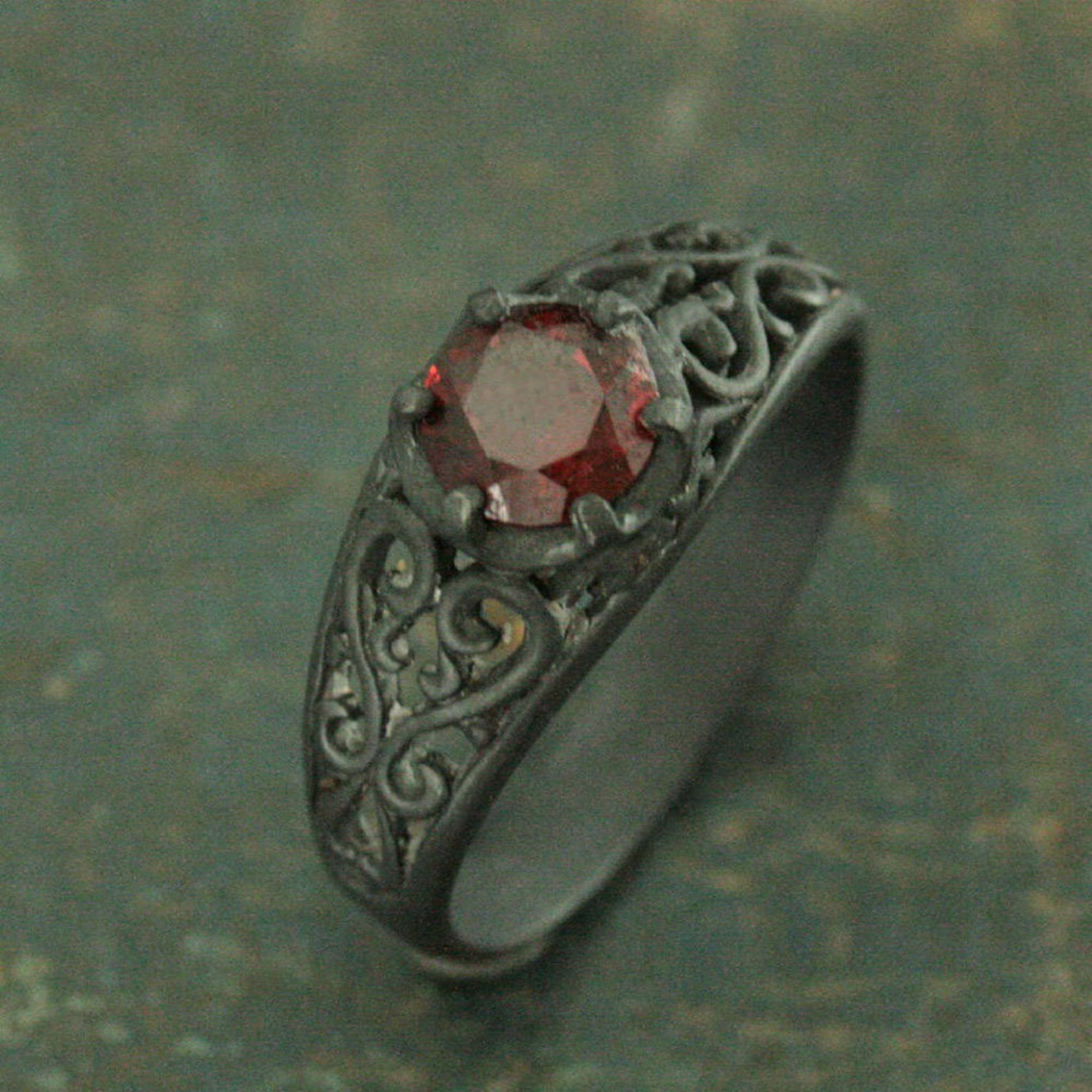Black Solitaire Ring~Garnet Ring~Black Silver Ring~Black Filigree Ring~Oxidized Silver Ring~Gothic Engagement Ring~Maleficent's Dark Heart