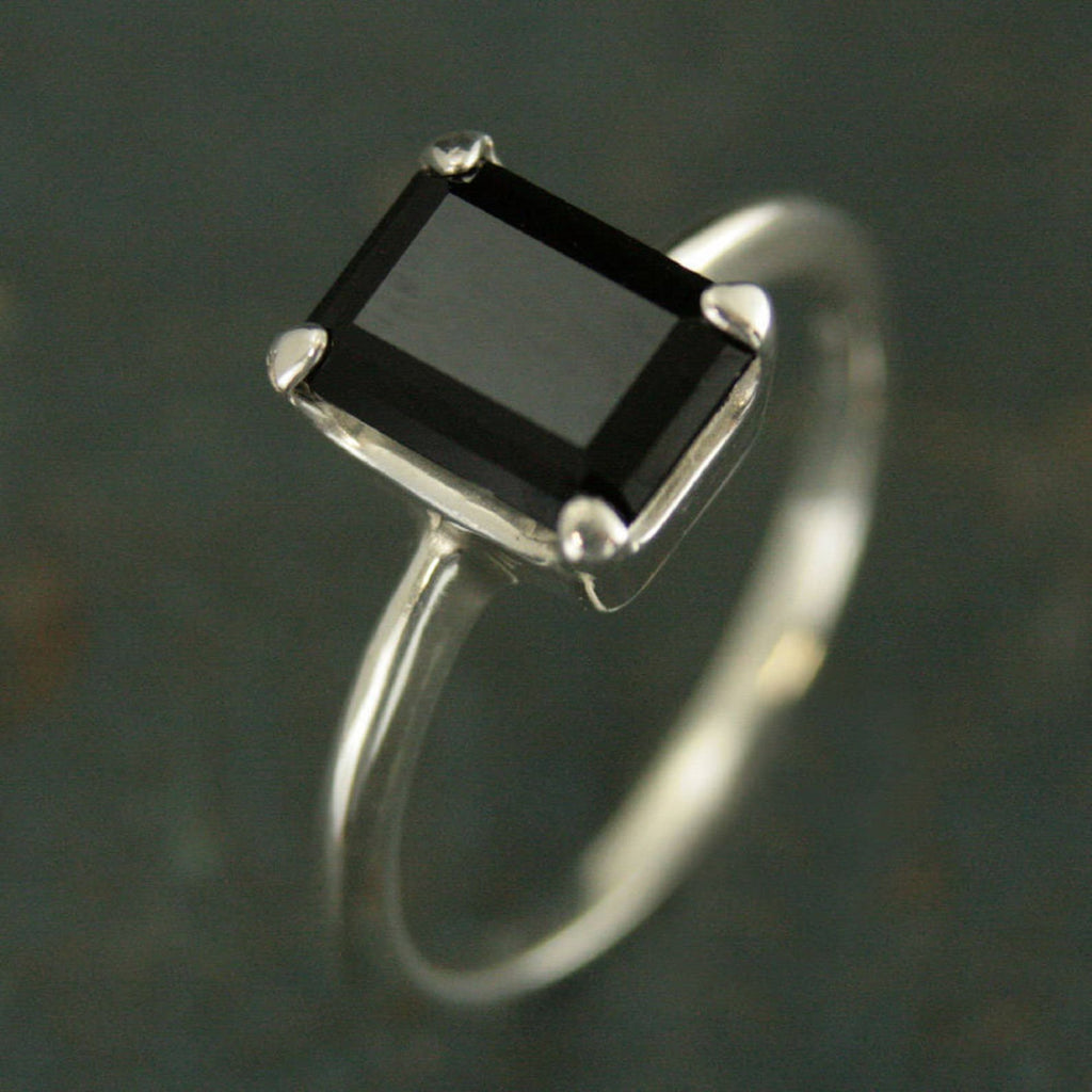 Black Onyx Ring Emerald Cut Ring Alternative Engagement Ring Silver Solitaire Ring Unique Engagement Ring Black Stone Ring Faceted Onyx Ring