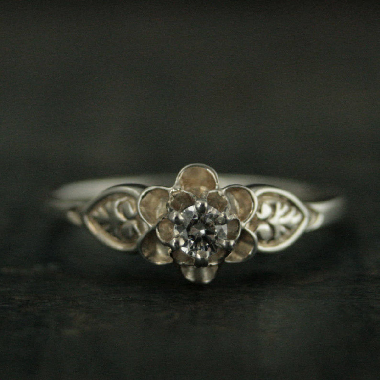 Silver Promise Ring Julie Sweet Sixteen Ring Vintage Style Ring Antique Style Ring Flower Ring Solitaire Birthstone Ring Gift for Her