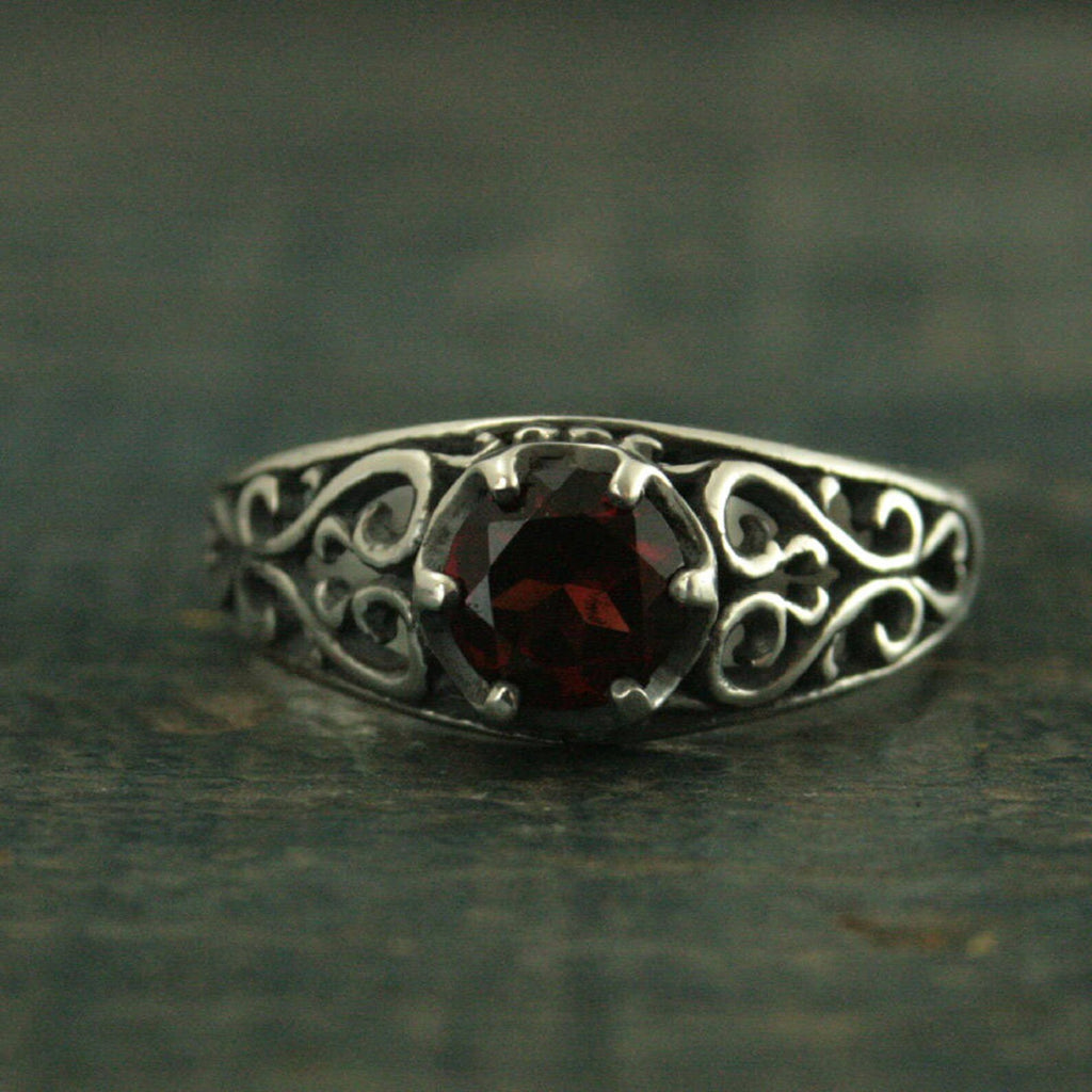 Garnet Ring Silver Filigree Ring Mozambique Garnet Red Ring Sweetheart Ring Promise Ring Maleficent's Heart Oxidized Antiqued Ring