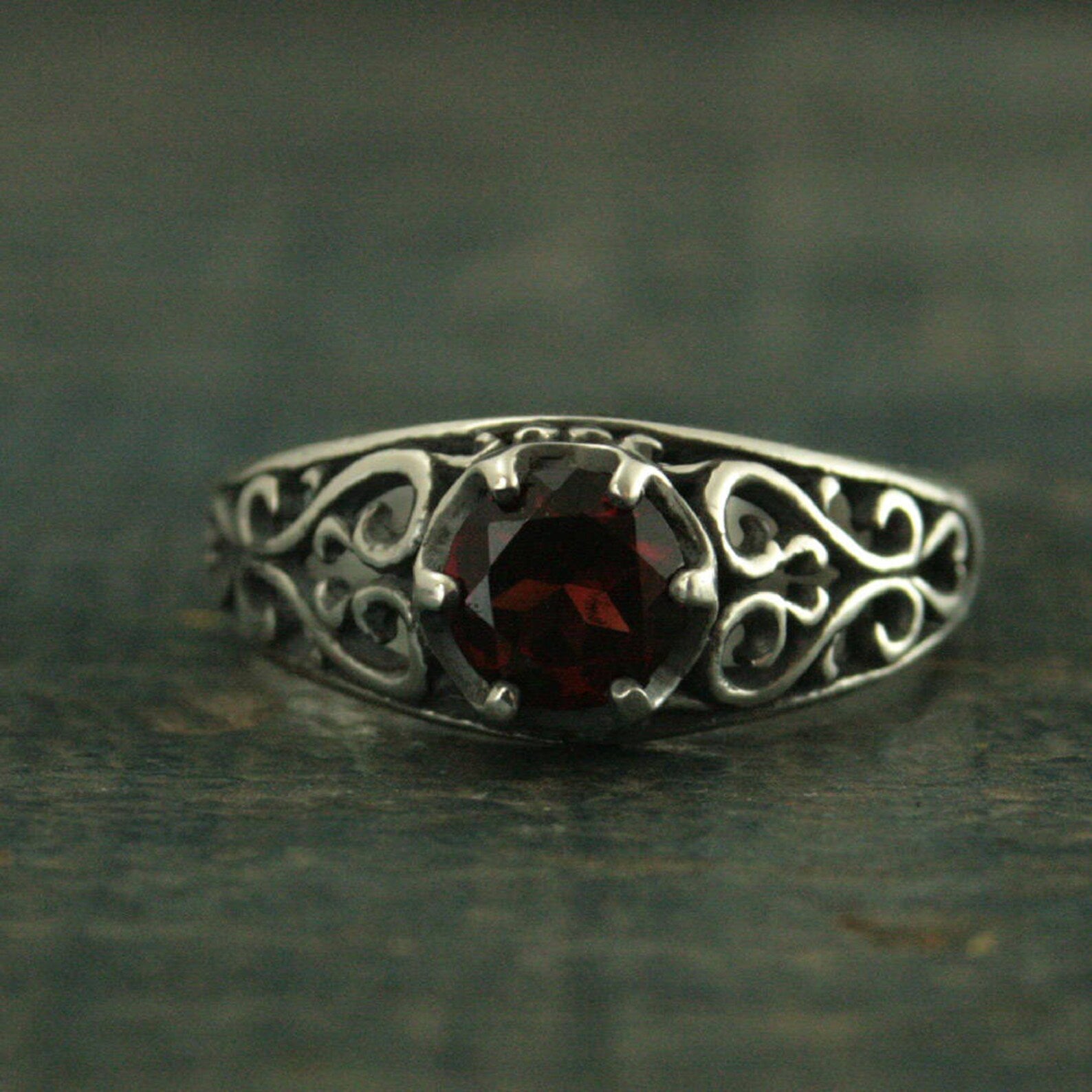 Garnet Ring Silver Filigree Ring Mozambique Garnet Red Ring Sweetheart Ring Promise Ring Maleficent's Heart Oxidized Antiqued Ring
