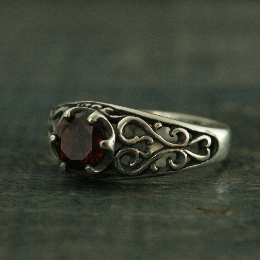 Garnet Ring Silver Filigree Ring Mozambique Garnet Red Ring Sweetheart Ring Promise Ring Maleficent's Heart Oxidized Antiqued Ring