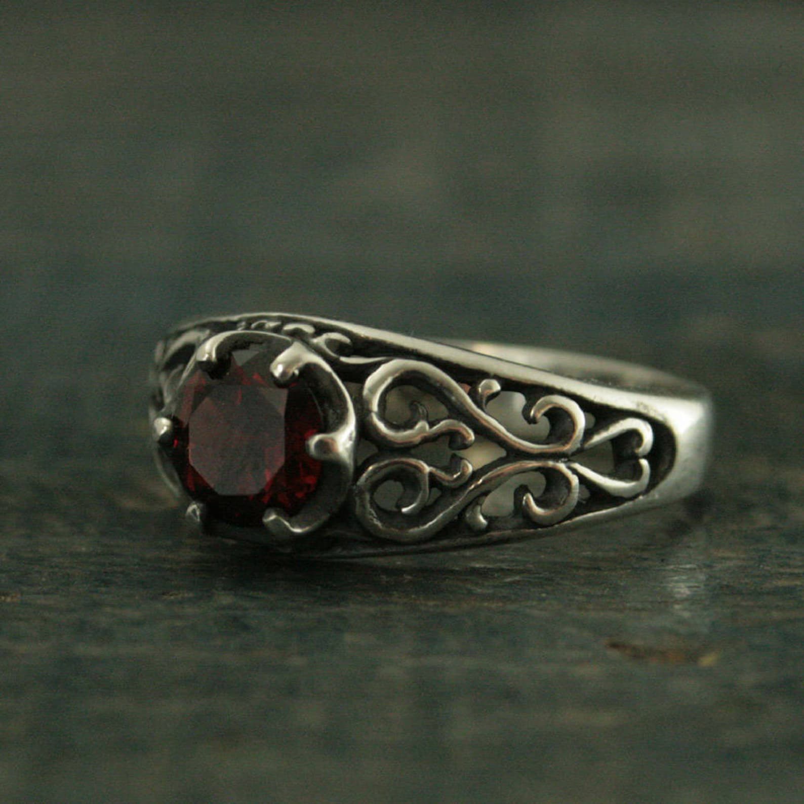 Garnet Ring Silver Filigree Ring Mozambique Garnet Red Ring Sweetheart Ring Promise Ring Maleficent's Heart Oxidized Antiqued Ring