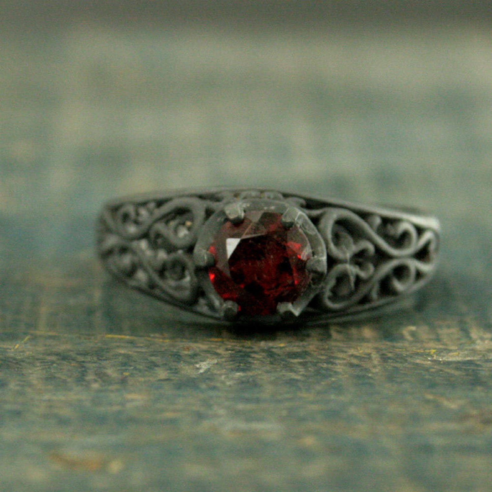 Black Solitaire Ring~Garnet Ring~Black Silver Ring~Black Filigree Ring~Oxidized Silver Ring~Gothic Engagement Ring~Maleficent's Dark Heart