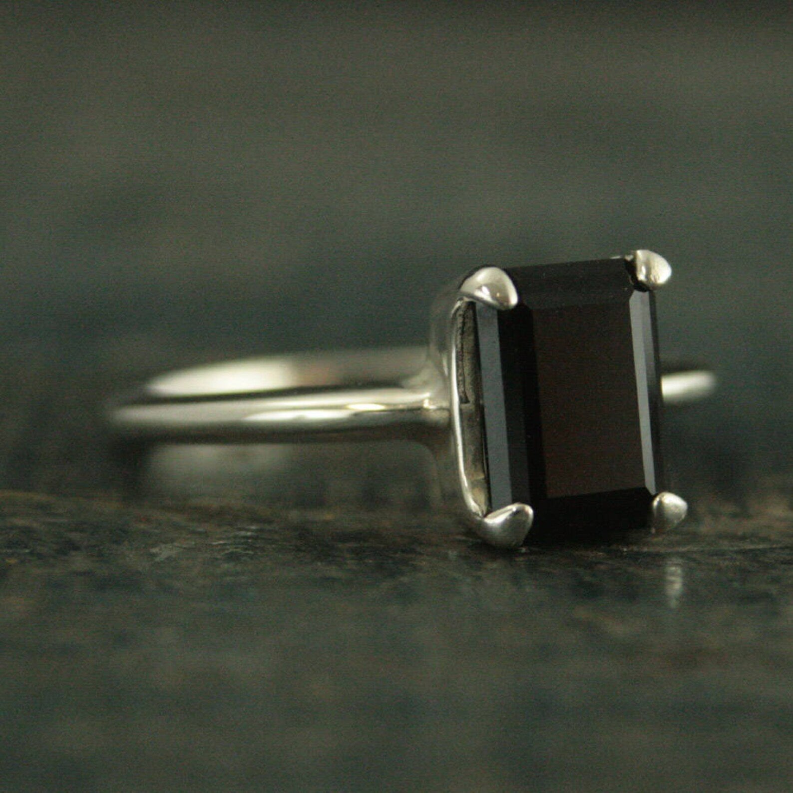 Black Onyx Ring Emerald Cut Ring Alternative Engagement Ring Silver Solitaire Ring Unique Engagement Ring Black Stone Ring Faceted Onyx Ring