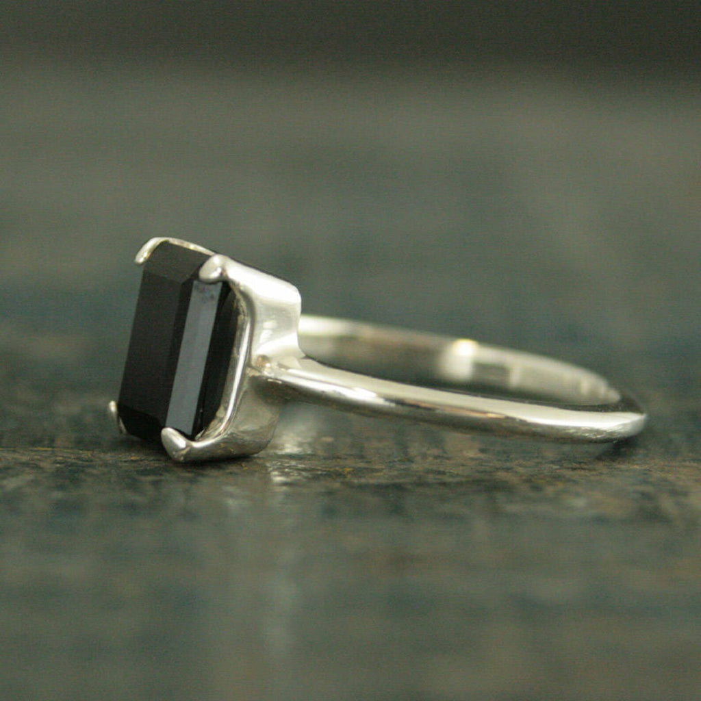 Black Onyx Ring Emerald Cut Ring Alternative Engagement Ring Silver Solitaire Ring Unique Engagement Ring Black Stone Ring Faceted Onyx Ring