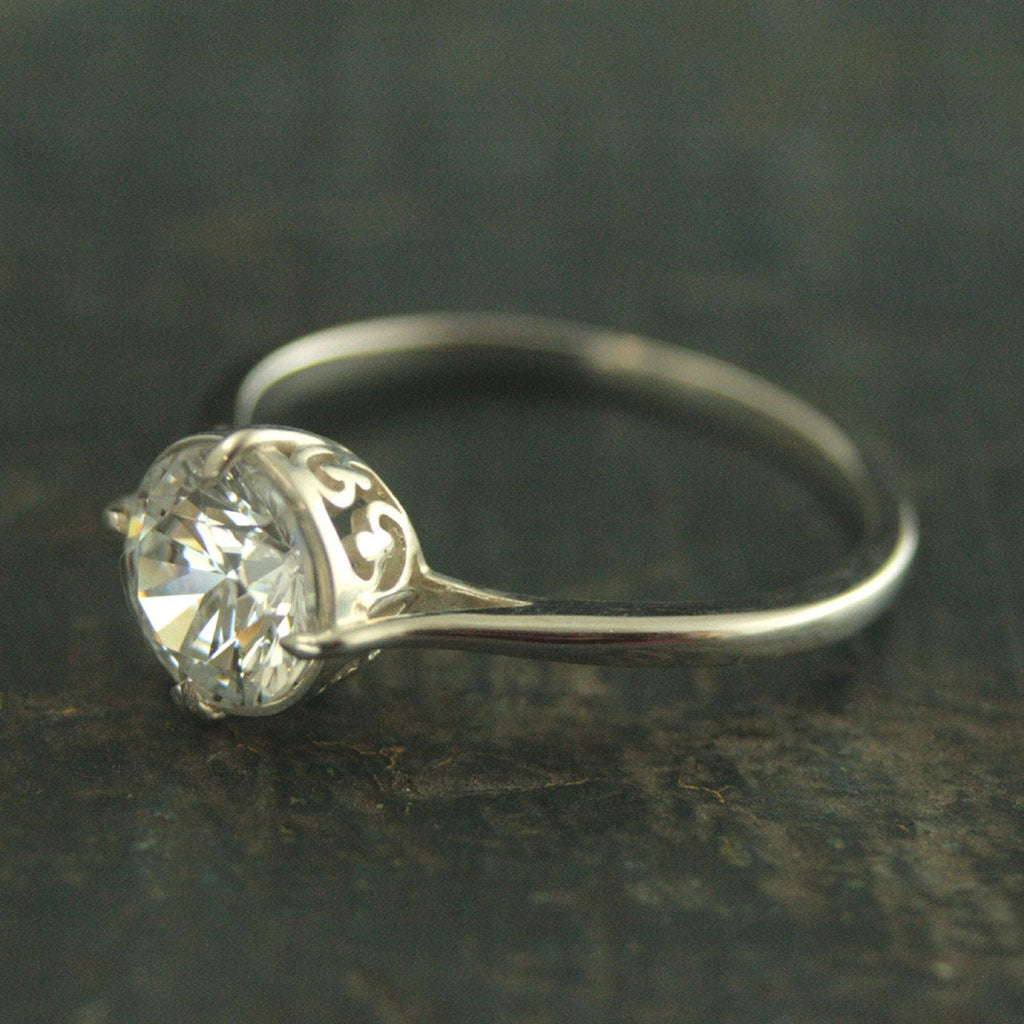 Elegant Cubic Zirconia Filigree Engagement Ring Sterling Silver Engagement Ring NSEW Prong Setting Antique Style Engagement Ring