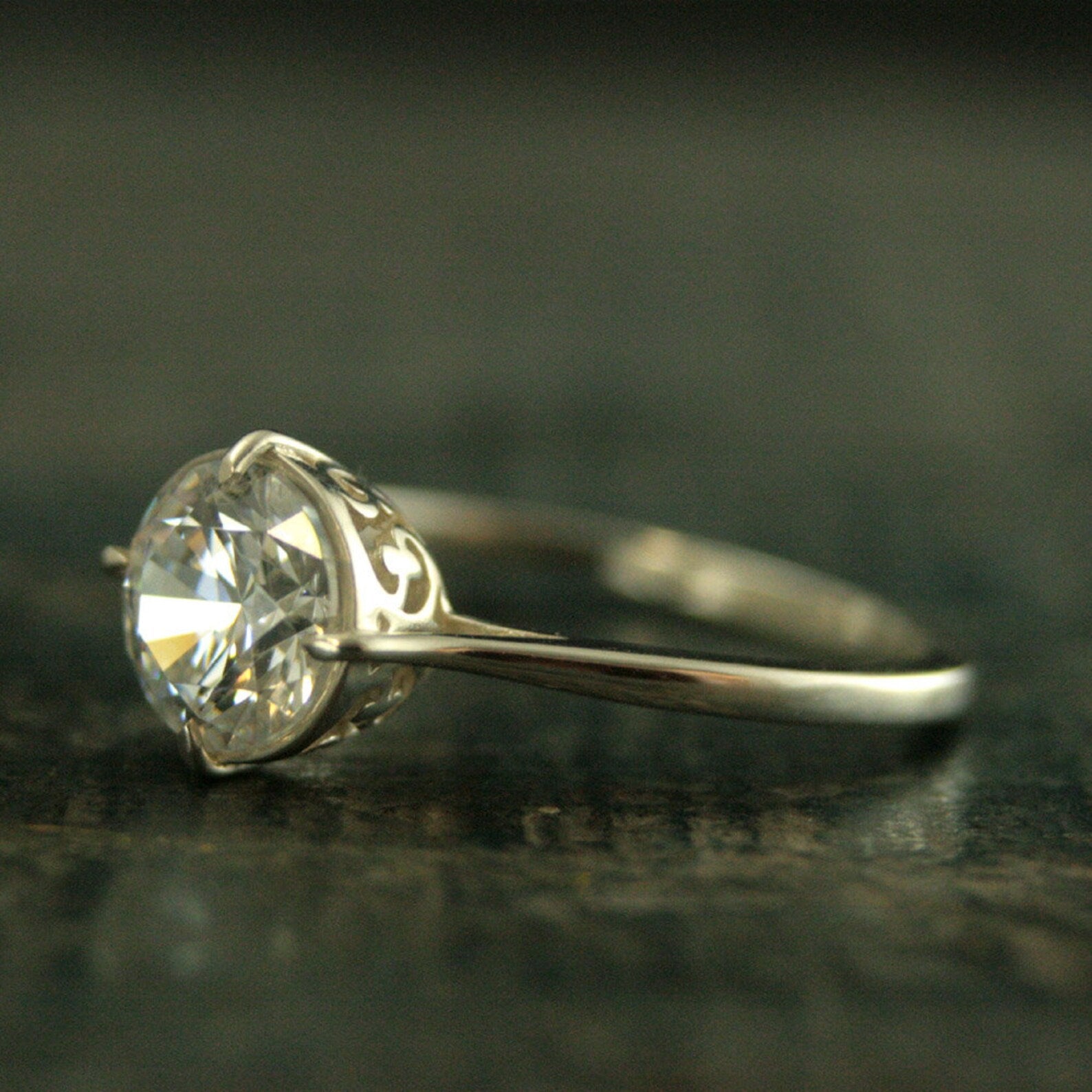 Elegant Cubic Zirconia Filigree Engagement Ring Sterling Silver Engagement Ring NSEW Prong Setting Antique Style Engagement Ring