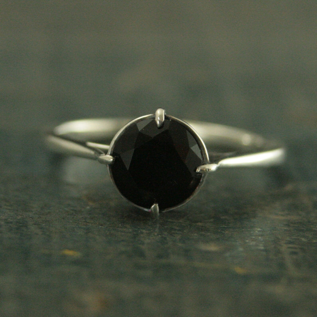 Faux Black Diamond Ring Faceted Onyx Ring Unique Engagement Ring Sterling Silver Engagement Ring NSEW Prong Setting Antique Style Ring