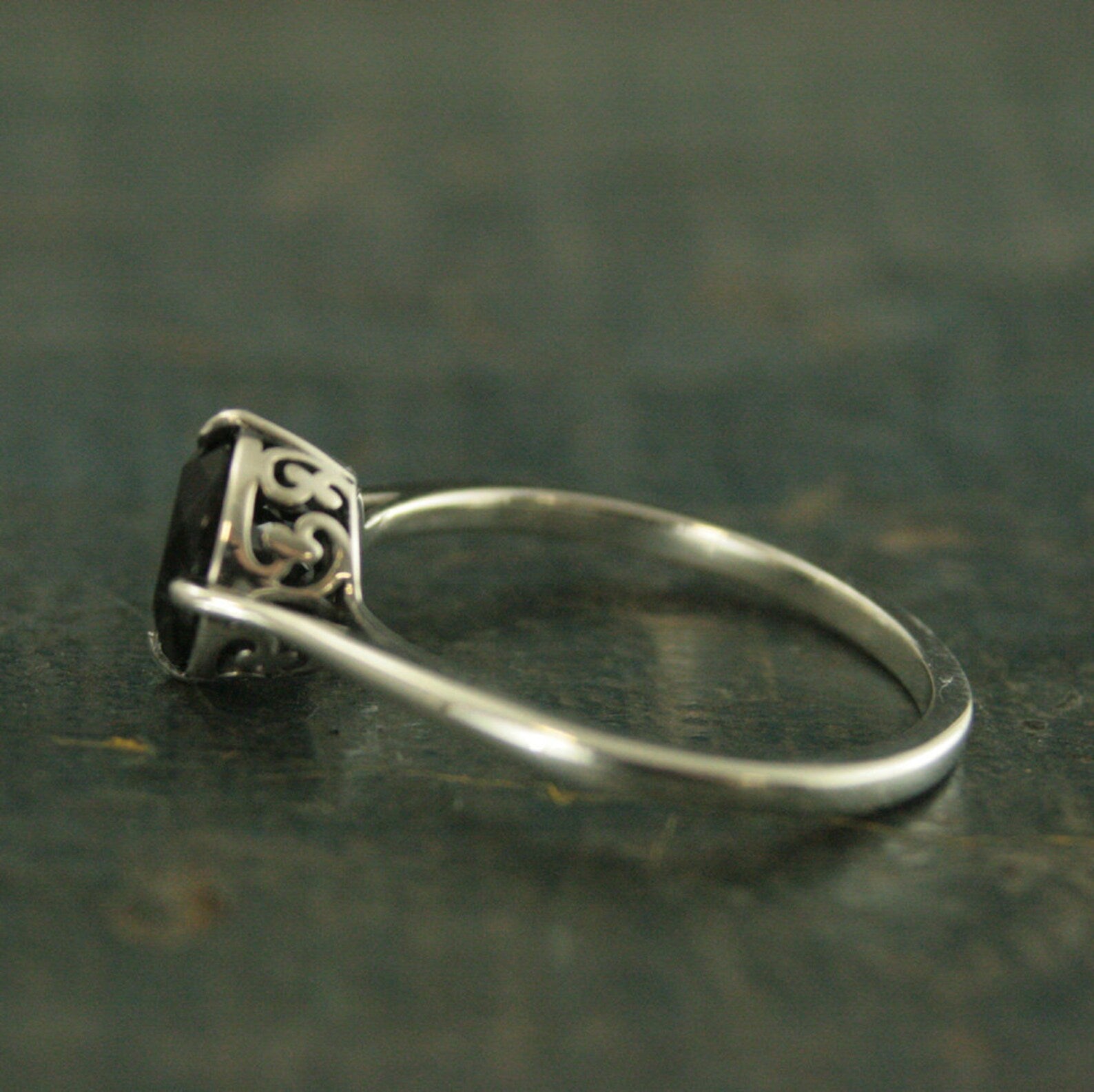 Faux Black Diamond Ring Faceted Onyx Ring Unique Engagement Ring Sterling Silver Engagement Ring NSEW Prong Setting Antique Style Ring