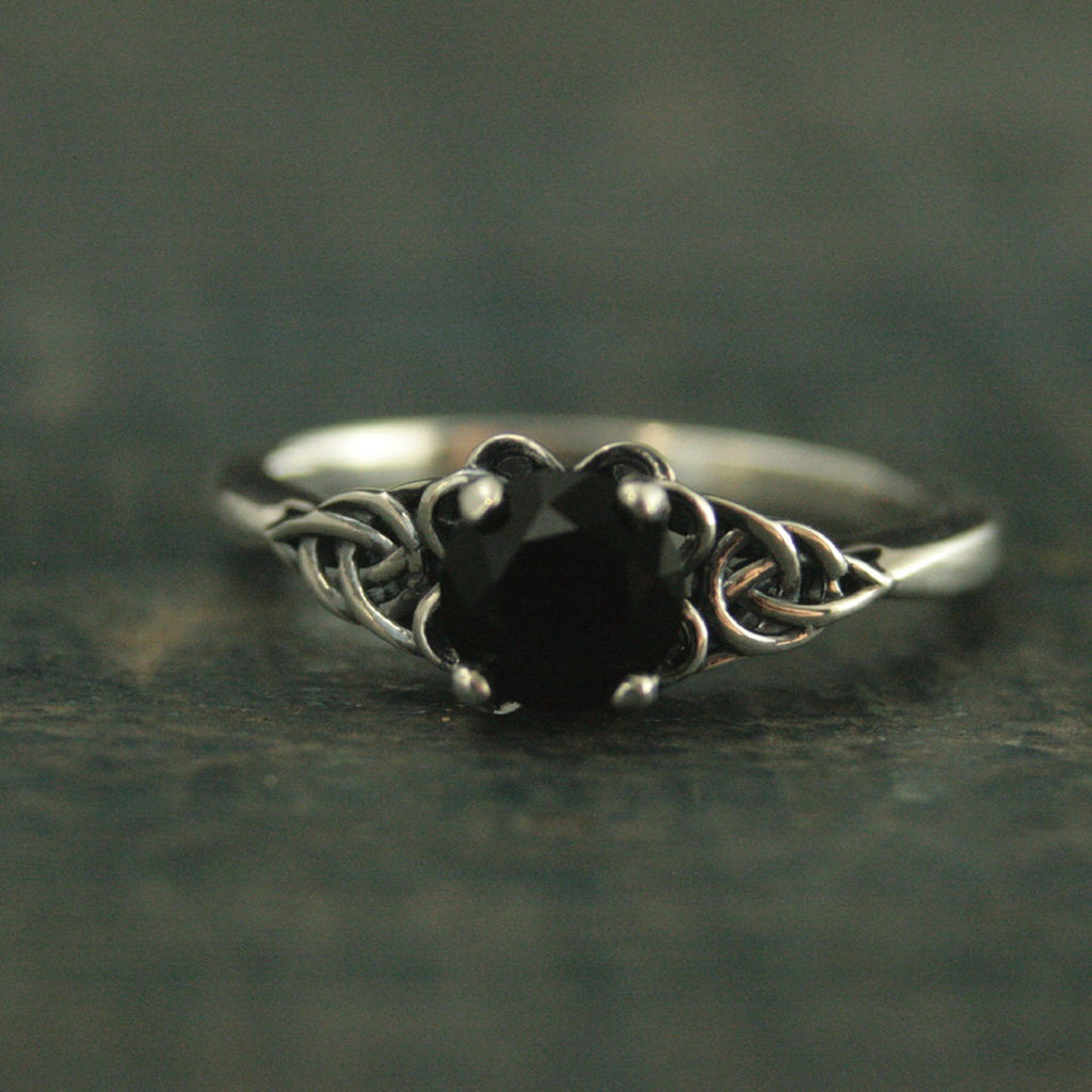 Silver Celtic Ring Black Onyx Full Cut Faceted Onyx The Raven Ring Unique Engagement Ring Black Stone Ring Faux Black Diamond Celtic Knot