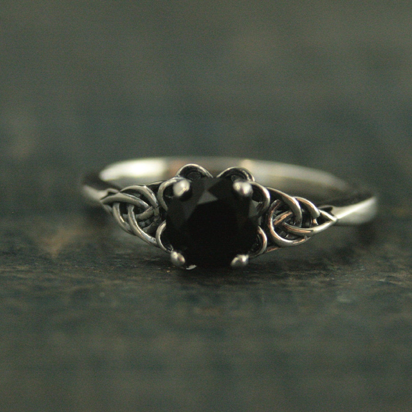 Silver Celtic Ring Black Onyx Full Cut Faceted Onyx The Raven Ring Unique Engagement Ring Black Stone Ring Faux Black Diamond Celtic Knot